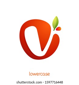 Lowercase letter v logo in fresh juice splash with green leaf. Vector elements can be used for natural company, ecology presentation, organic card or vegan cafe posters.