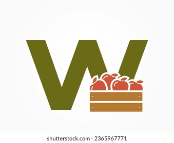 lowercase letter w with apple crate. fruit and organic food alphabet logotype symbol. gardening and harvest design. isolated vector image