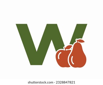 lowercase letter w with apple and pear. fruit and organic food alphabet logotype. harvest and gardening design. isolated vector color image