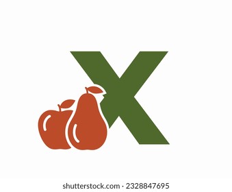 lowercase letter x with apple and pear. fruit and organic food alphabet logotype symbol. harvest and gardening design. isolated vector color image