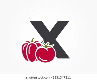 lowercase letter x with bell pepper and tomato. creative vegetable alphabet logotype. harvest and agriculture design. isolated vector color image