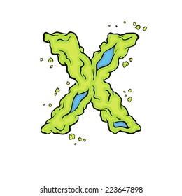 The lowercase  letter X. Bright green element stylish alphabet style zombies. Halloween ABC grimy element in the vector. Hand drawn letter X isolated on white background. 
