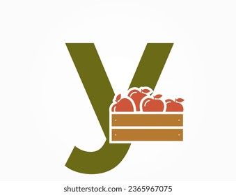 lowercase letter y with apple crate. creative fruit and organic food alphabet logotype. gardening and harvest design. isolated vector image