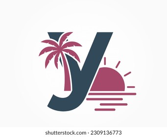 lowercase letter y with sun, sea and palm tree. creative vacation and resort alphabet logotype. summer and exotic tourism design