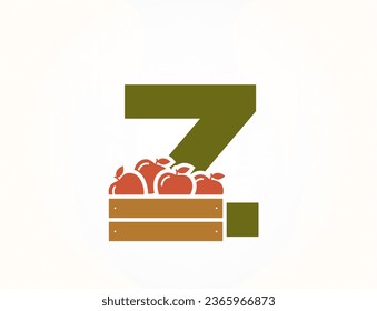 lowercase letter z with apple crate. fruit and organic food text logo. gardening and harvest design. isolated vector image