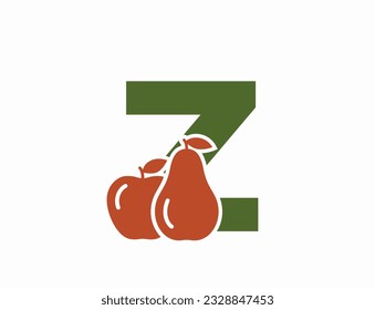 lowercase letter z with apple and pear. fruit and organic food text logo. harvest and gardening design. isolated vector color image