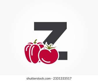 letra minúscula z con pimiento y tomate. logotipo del alfabeto vegetal. cosecha, agricultura y diseño agrícola. imagen vectorial aislada