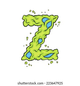 The lowercase letter Z. Bright green element stylish alphabet style zombies. Halloween ABC grimy element in the vector. Hand drawn letter Z isolated on white background. 