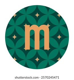 A lowercase m in gold, centered on a green circular background with a decorative floral-inspired design. Perfect for sophisticated and luxurious branding