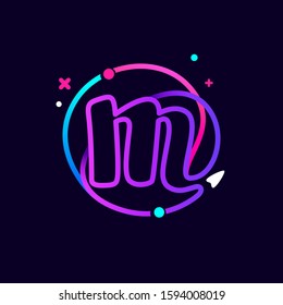 Lowercase m letter logo with planets, rocket and orbits lines. Vibrant lines vector template for science, biology, physics, chemistry design.