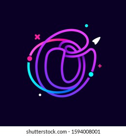 Lowercase o letter logo with planets, rocket and orbits lines. Vibrant lines vector template for science, biology, physics, chemistry design.