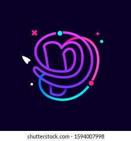 Lowercase p letter logo with planets, rocket and orbits lines. Vibrant lines vector template for science, biology, physics, chemistry design.