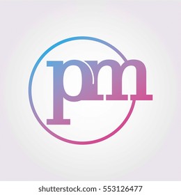 Lowercase pm Ring Circle Logotype. Pink and Blue Gradient Logo Letter. Sign Abbreviations. Vector Template Element