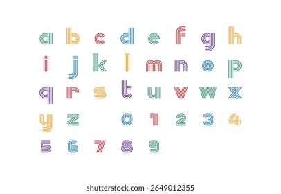 Lowercase Retro Line Vector Font with Soft Multicolor Letters and Rounded Numbers on White Background Vector Illustration