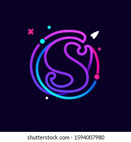 Lowercase s letter logo with planets, rocket and orbits lines. Vibrant lines vector template for science, biology, physics, chemistry design.