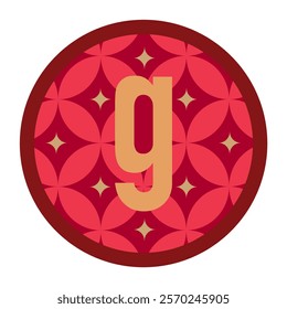 The lowercase “g” shines within an earthy red floral pattern encircled by a rich mahogany ring. This design resonates with tradition and bold refinement.