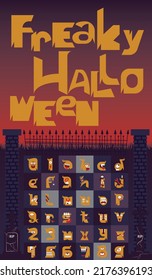 Lowercase typography alphabet with Halloween theme. Hand-drawn typeface vector design. Each letter is decorated with cute little monster face. Highly legible, use as a complete word or an initial.