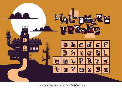 Lowercase typography alphabet with Halloween theme. Hand-drawn typeface vector design. Each letter is decorated with cute little monster face. Highly legible, use as a complete word or as an initial.