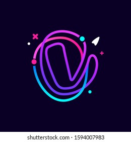 Lowercase v letter logo with planets, rocket and orbits lines. Vibrant lines vector template for science, biology, physics, chemistry design.