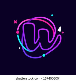 Lowercase w letter logo with planets, rocket and orbits lines. Vibrant lines vector template for science, biology, physics, chemistry design.
