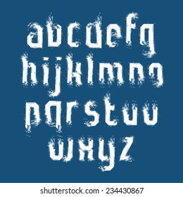 Lowercase white graffiti letters drawn with ink brush, watercolor vector font.
