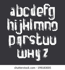 Lowercase white grunge brush letters, hand-painted vector alphabet.