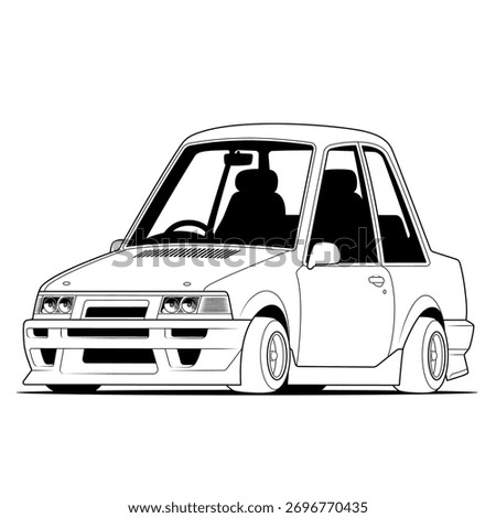 Lowered stance compact car with wide body kit, clean line art style, vector format ideal for tuner culture, automotive design, or customization-themed content