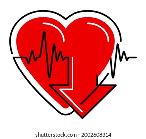 Lowering blood pressure emblem - simple heart shape and measuring equipment, for cardio pills for hypertension disease - isolated vector icon. Vector illustration