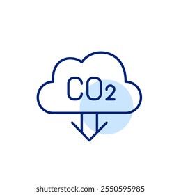 Lowering carbon emission. Cloud, CO2 and arrow down. Pixel perfect, editable stroke icon