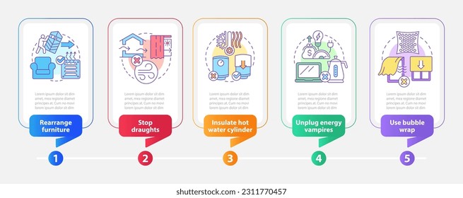 Lowering heat costs in winter tips rectangle infographic template. Data visualization with 5 steps. Editable timeline info chart. Workflow layout with line icons. Myriad Pro-Bold, Regular fonts used