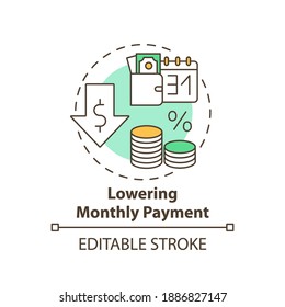 Lowering monthly payment concept icon. Mortgage refinance benefit idea thin line illustration. Refinance home loan. Lower rate. Vector isolated outline RGB color drawing. Editable stroke