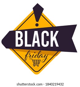 Lowering of prices for black friday, sale and discounts on products in shops and stores. Banner with calligraphy inscription and shopping cart. Advertisement of clearance vector in flat style