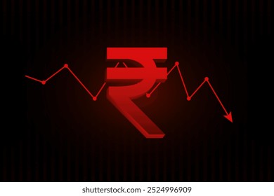 Absenken des Rupie-Neons. Symbol nach unten aufbrechen. Geld-unten-Symbol-Set. Preis Low-Pfeilzeichen in Vektor flachen Stil