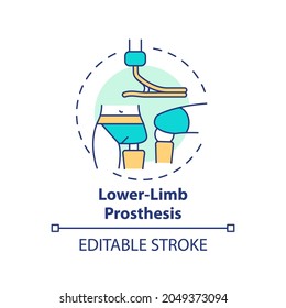 Lower-limb prosthesis concept icon. Prostheses type idea thin line illustration. Imitation natural hip, knee and foot. Artificial substitute. Vector isolated outline RGB color drawing. Editable stroke