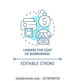 Lowers Cost Of Borrowing Turquoise Concept Icon. Low Interest Rate. Inflation Effect Abstract Idea Thin Line Illustration. Isolated Outline Drawing. Editable Stroke. Arial, Myriad Pro-Bold Fonts Used