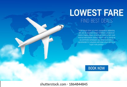 Lowest fare vector poster with realistic airplane. Cheap flight business promotion, airline promo offer, tickets sale. Book now online travel service, 3d plane flying in sky with world map and clouds