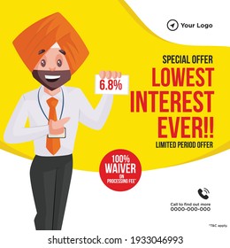 Lowest interest ever banner design template. Man showing a card. Vector graphic illustration.