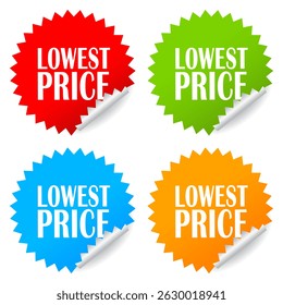 Lowest price assurance vector stickers set isolated on white background. Great price, buy it now star shaped note paper with advertising text, business web design elements.