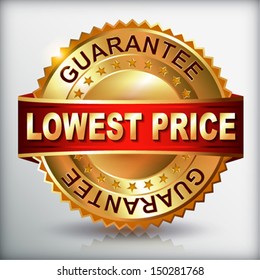 Lowest price guarantee golden label with ribbon.  Vector eps 10 illustration.