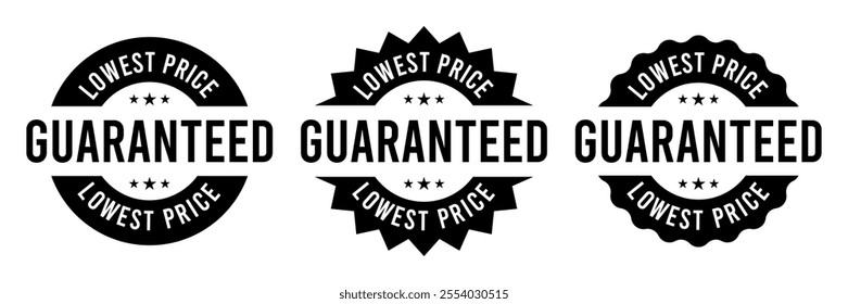 Lowest price guarantee logo, label, badge, icon, sticker, symbol, emblem, stamp, circle, black, line, flat vector, isolated illustration. Lowest price guarantee label for product packaging design.