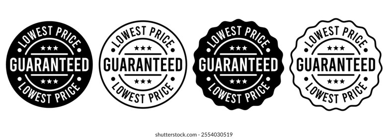 Lowest price guarantee logo, label, badge, icon, sticker, symbol, emblem, stamp, circle, black, line, flat vector, isolated illustration. Lowest price guarantee label for product packaging design.