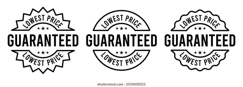 Lowest price guarantee logo, label, badge, icon, sticker, symbol, emblem, stamp, circle, black, line, flat vector, isolated illustration. Lowest price guarantee label for product packaging design.