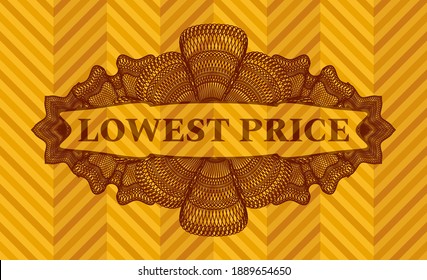 lowest price text inside Linear currency orange realistic emblem. Geometric fancy background. Vector illustration. 