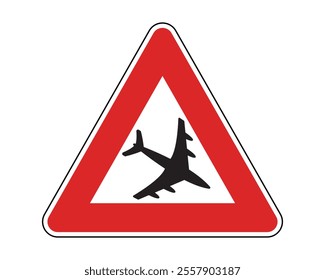 Low-Flying Aircraft Warning Road Sign Featuring a Triangular Shape with Red Border and White Background, Indicating the Presence of Low-Flying Airplanes or Helicopters Over the Road, Vector File