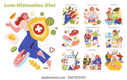 Low-Histamine Diet concept. Guidance on selecting fresh foods, cooking at home, and alternatives to manage diet health. Vector illustration.