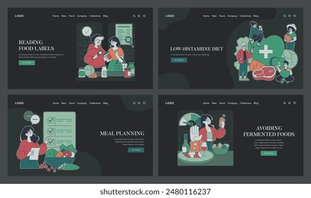 Low-Histamine Diet set. Navigating food choices for health. Reading labels, meal planning, avoiding triggers. Vector illustration.