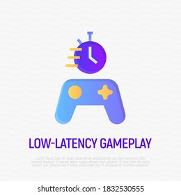 Icono de gradiente plano de juego de baja latencia. Controlador de juego con cronómetro. Ilustración vectorial.