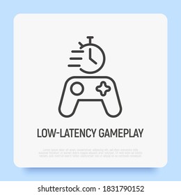 Low-latency gameplay thin line icon. Game controller with stopwatch. Vector illustration.