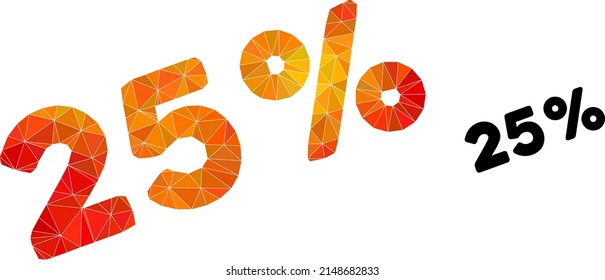 lowpoly 25 percents icon with flame colored gradient. Triangulated orange colorful 25 percents polygonal icon illustration. Polygonal 25 percents vector is designed with chaotic bright triangles.