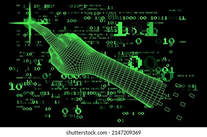 Low-poly 3D hand on dark background with binary code. Retrofuturistic cyberpunk style illustration.